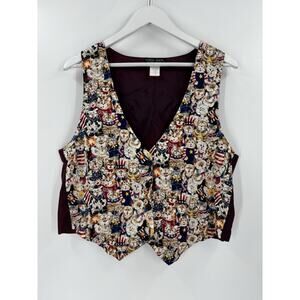 Castle Rock Vintage Vest Womens Large Cats USA American Flag Satin Button Retro